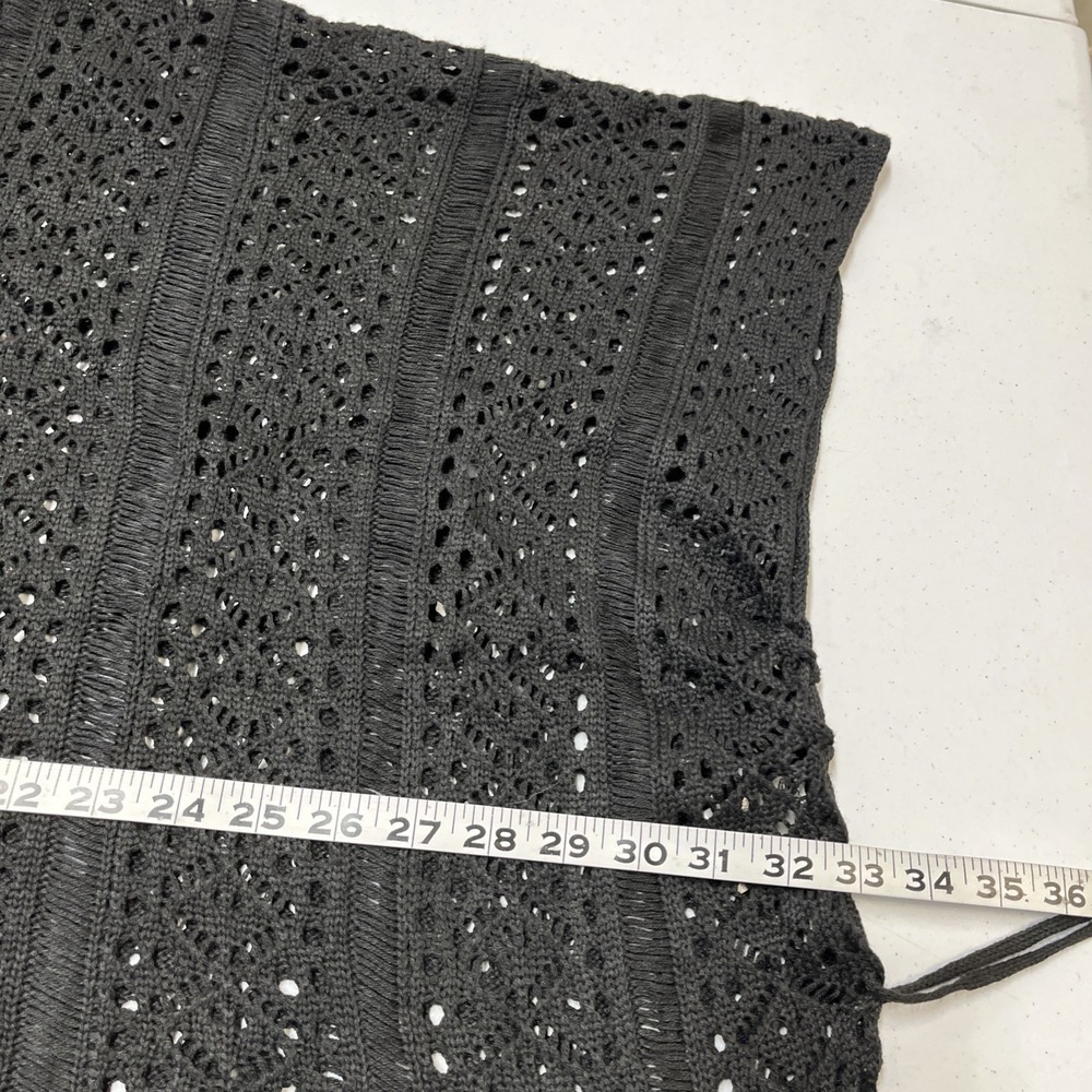 Black Open Knit Poncho Asymmetrical Tie Sides Dark Cottagecore Boho One Size - Picture 7 of 9